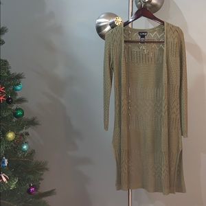 Olive green crochet cardigan (past knee length)